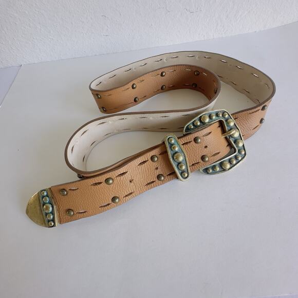 Leatherock USA Studded Leather Belt – Tan & Turquoise Western Cowgirl Statement - Picture 2 of 13